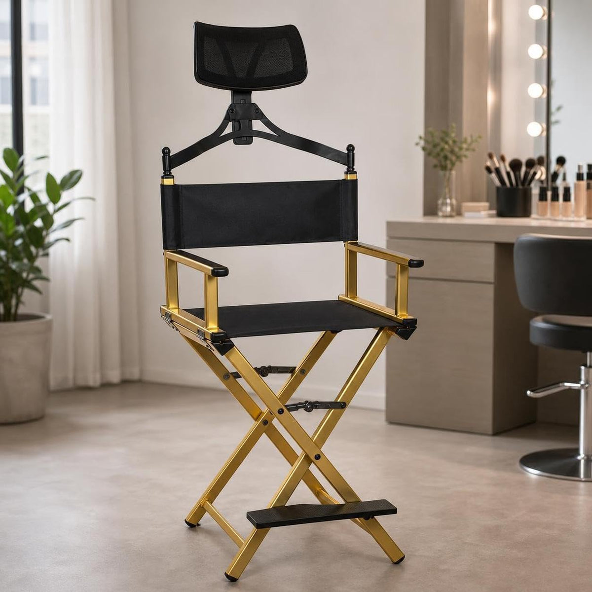 Aluminum Folding Director Chair with Headrest, Adjustable Height, Side Tray and Phone Holder U348331