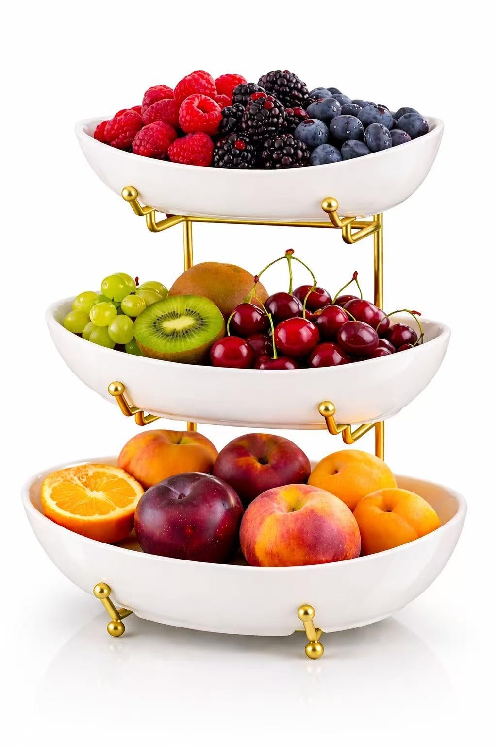 3 Tier Ceramic Fruit Basket with Gold Stand D34315