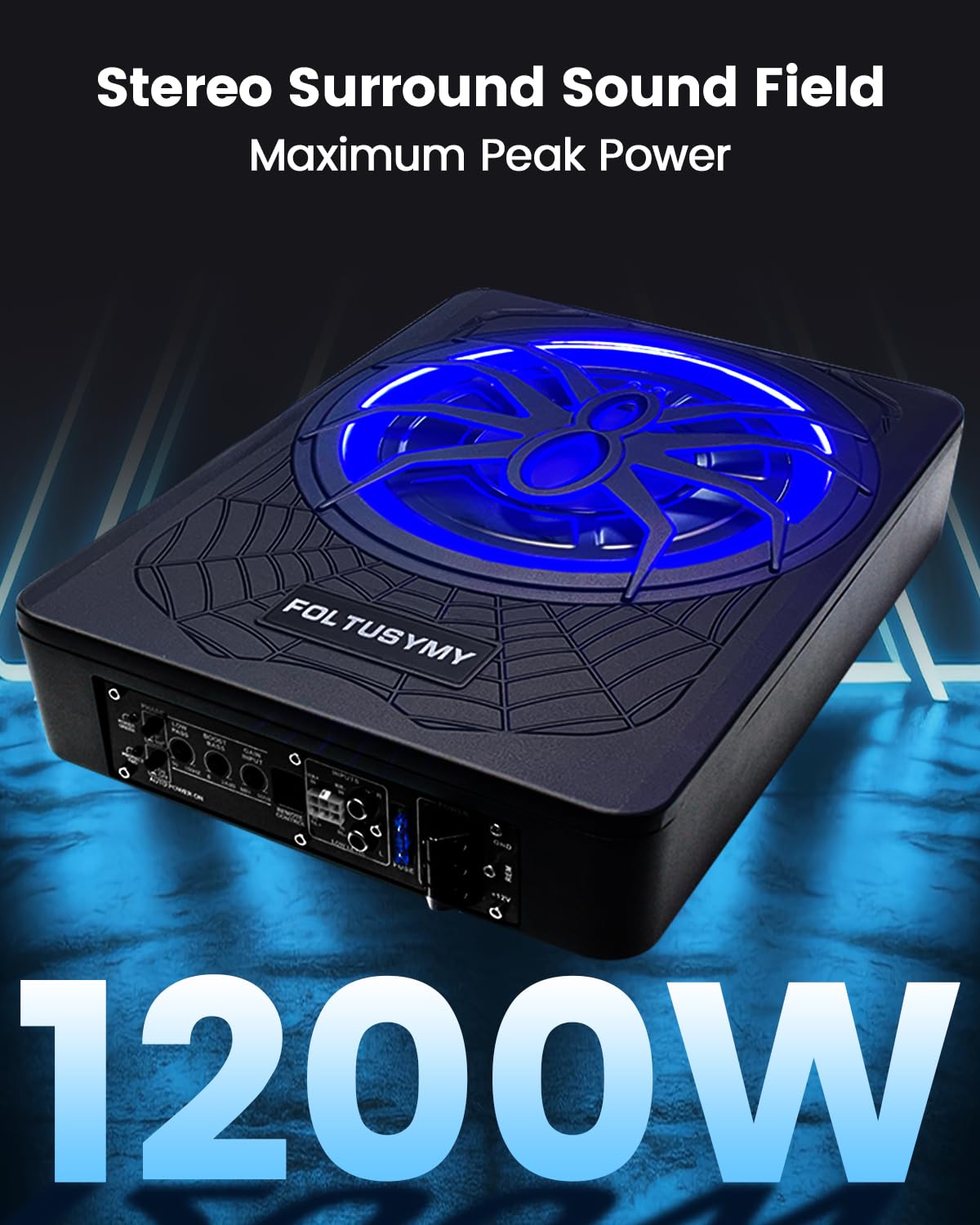 1200W 10" Slim Under Seat Powered Car Subwoofer with Blue LED Light U87849