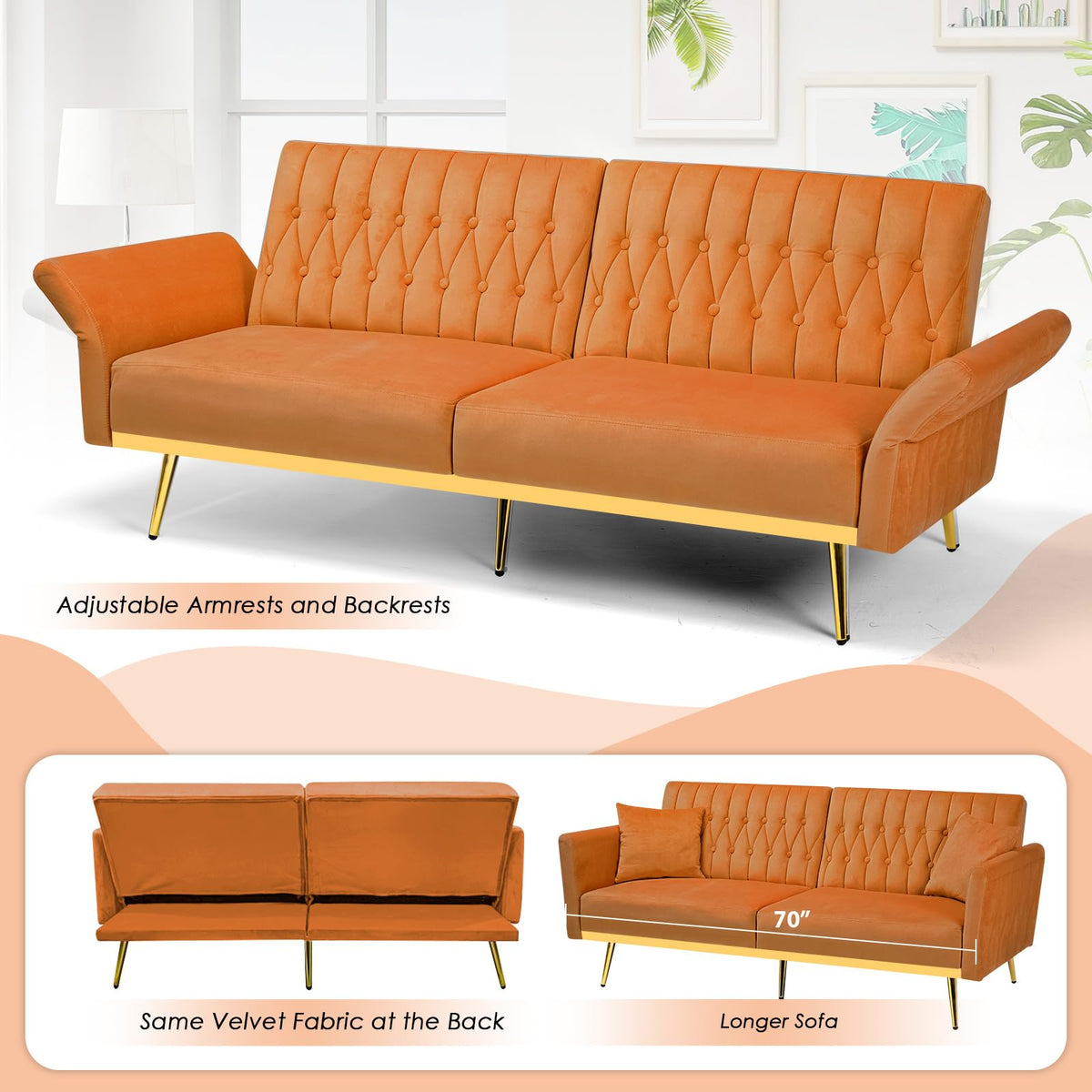 70" Velvet Futon with Adjustable Backrest and Armrests V6984