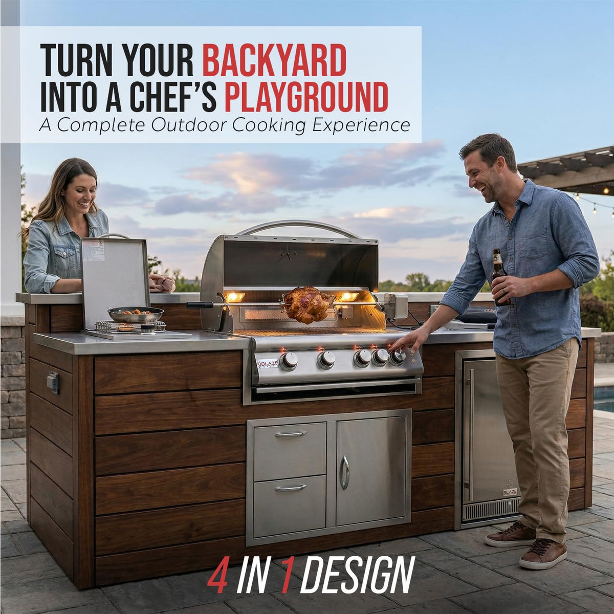 32” Built-in Gas Grill, Double Side Burner, Door & Two Drawers Combo, 20” Refrigerator R3984