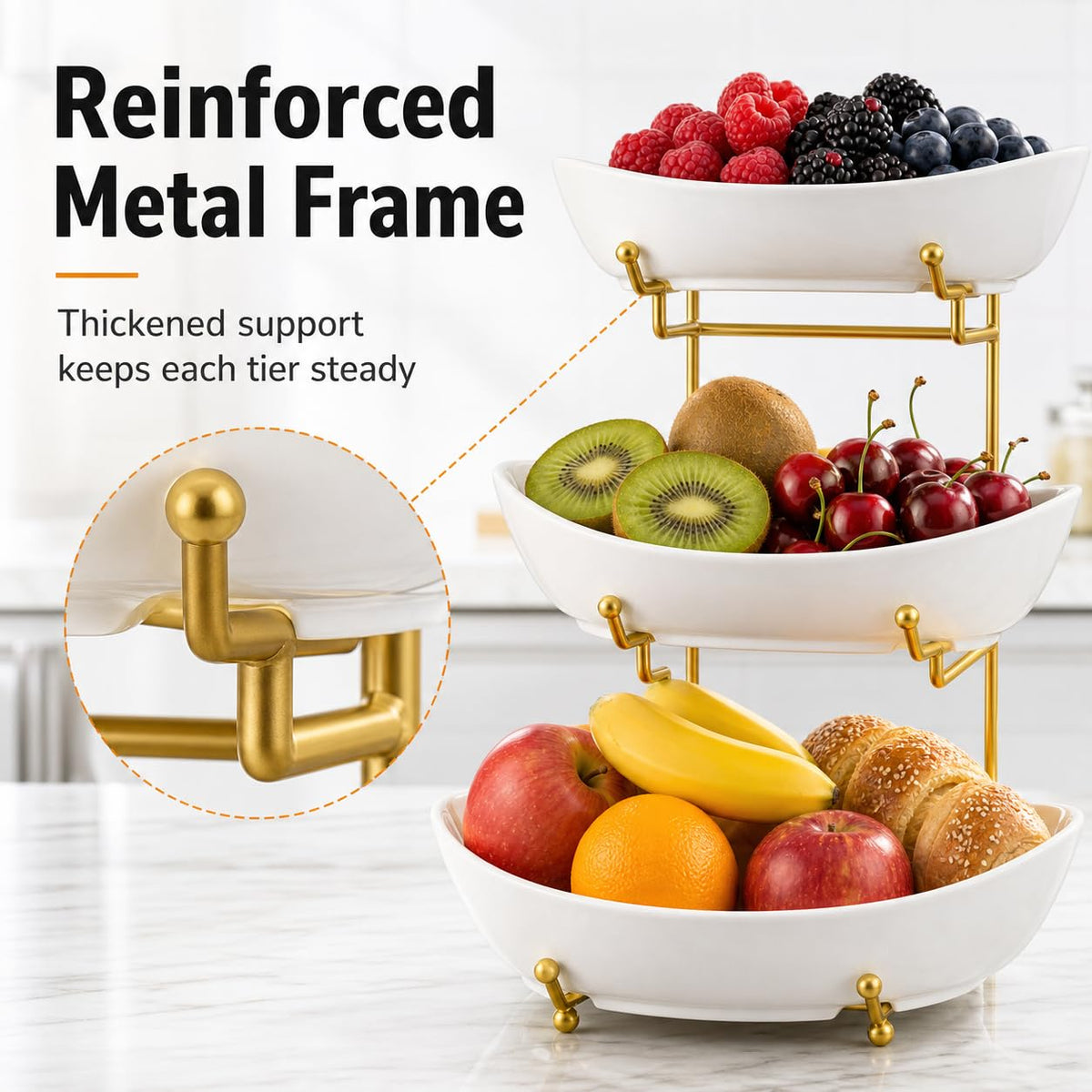 3 Tier Ceramic Fruit Basket with Gold Stand D34315
