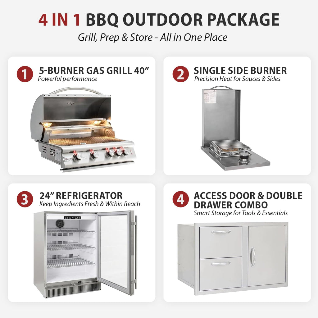 32” Built-in Gas Grill, Double Side Burner, Door & Two Drawers Combo, 20” Refrigerator R3984