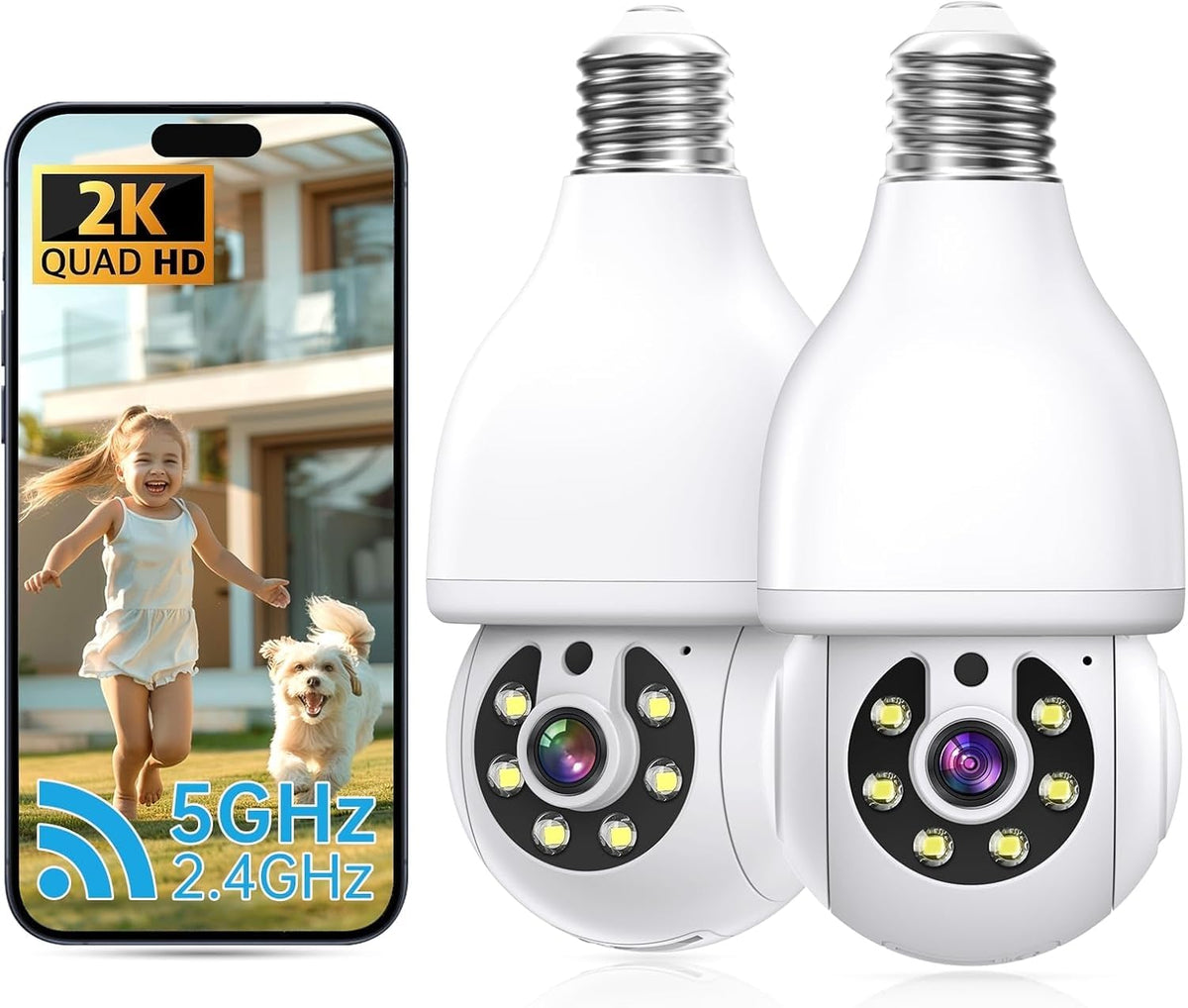 2K Light Bulb Security Camera 5G&2.4G WiFi 360° 2 Pack Q7759