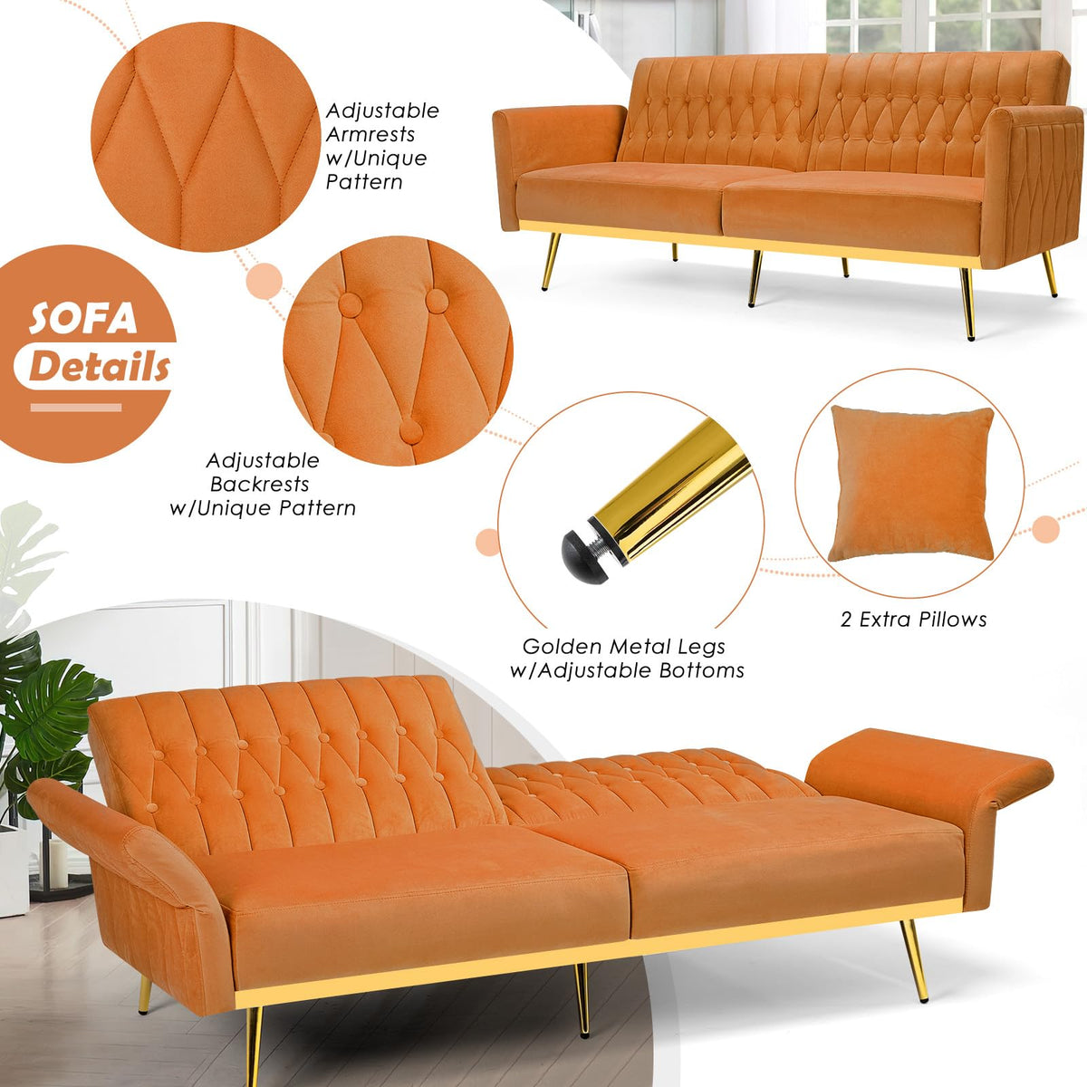 70" Velvet Futon with Adjustable Backrest and Armrests V6984