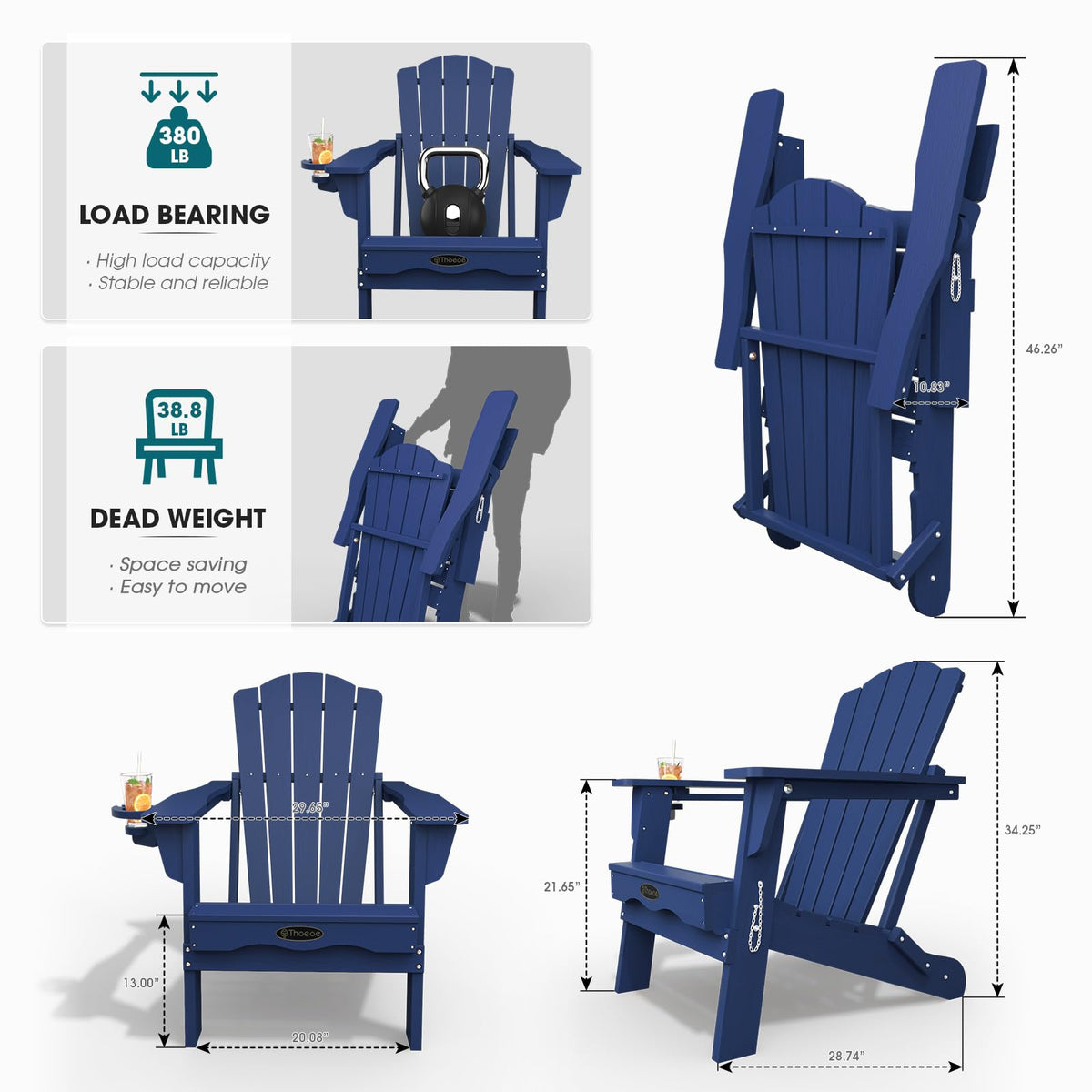 Folding Adirondack Chair Set of 2 HDPE All-Weather Outdoor Chair L124002