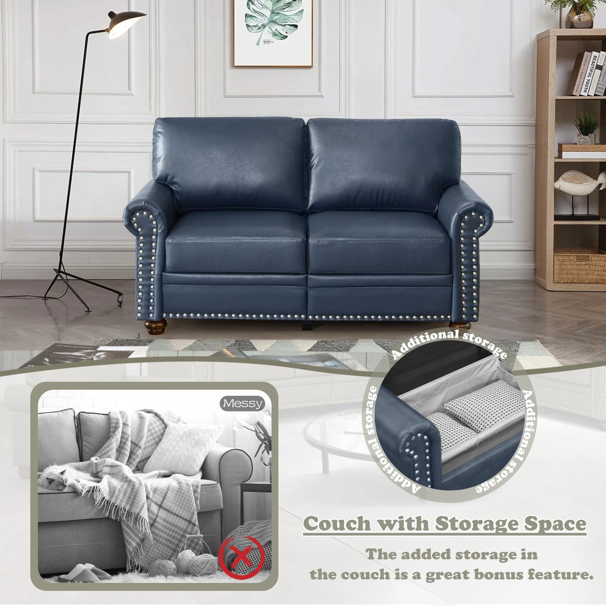 Navy Blue PU Leather Storage Loveseat Sofa Z42844