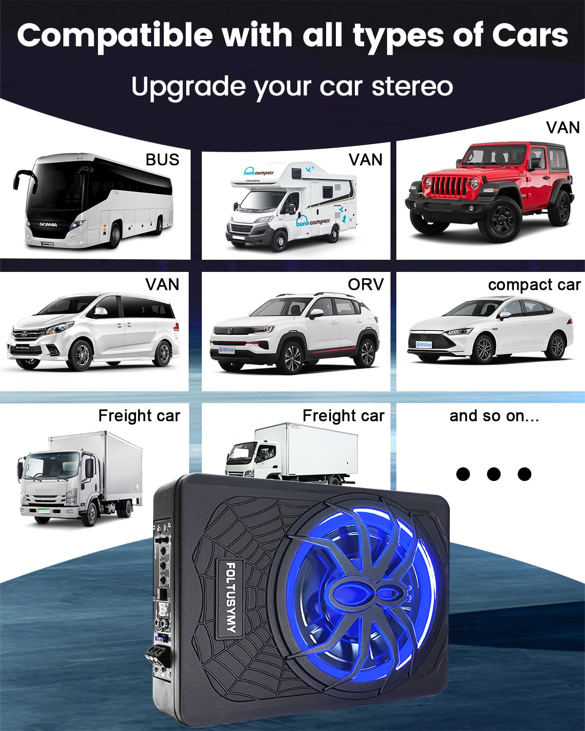 1200W 10" Slim Under Seat Powered Car Subwoofer with Blue LED Light U87849