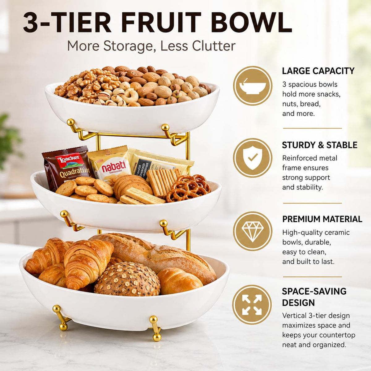3 Tier Ceramic Fruit Basket with Gold Stand D34315