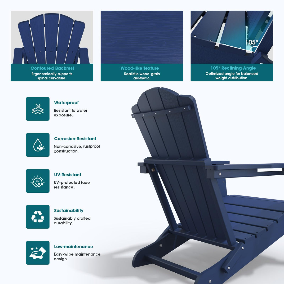 Folding Adirondack Chair Set of 2 HDPE All-Weather Outdoor Chair L124002