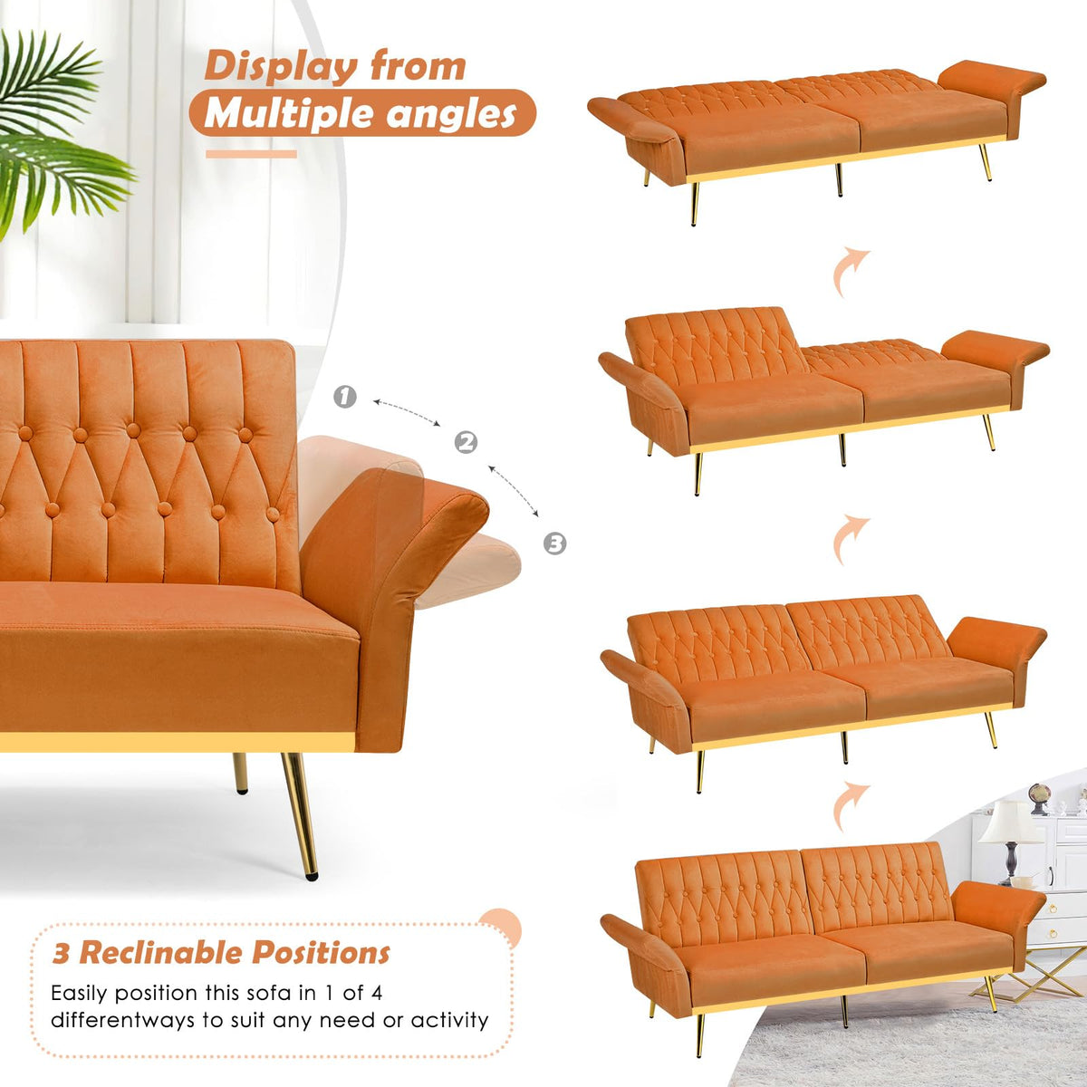 70" Velvet Futon with Adjustable Backrest and Armrests V6984