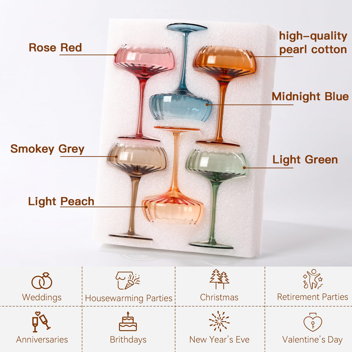 10 oz Colored Coupe Glasses Set of 6 W8344