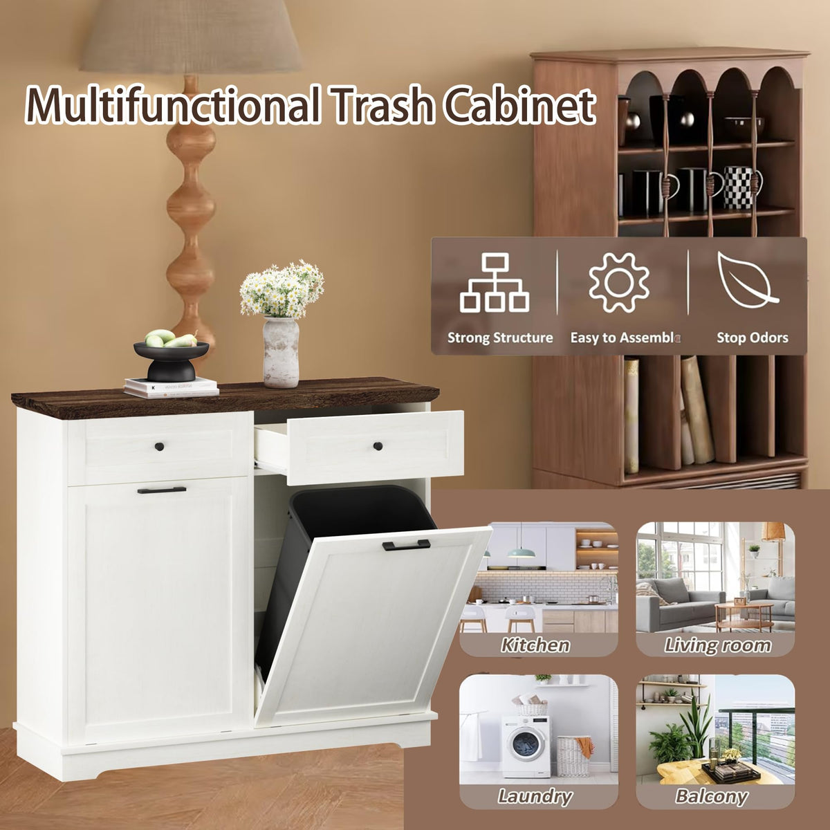 20 Gallon Wooden Tilt Out Trash Can Cabinet with Drawers P160