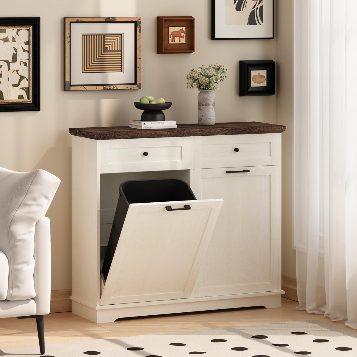 20 Gallon Wooden Tilt Out Trash Can Cabinet with Drawers P160