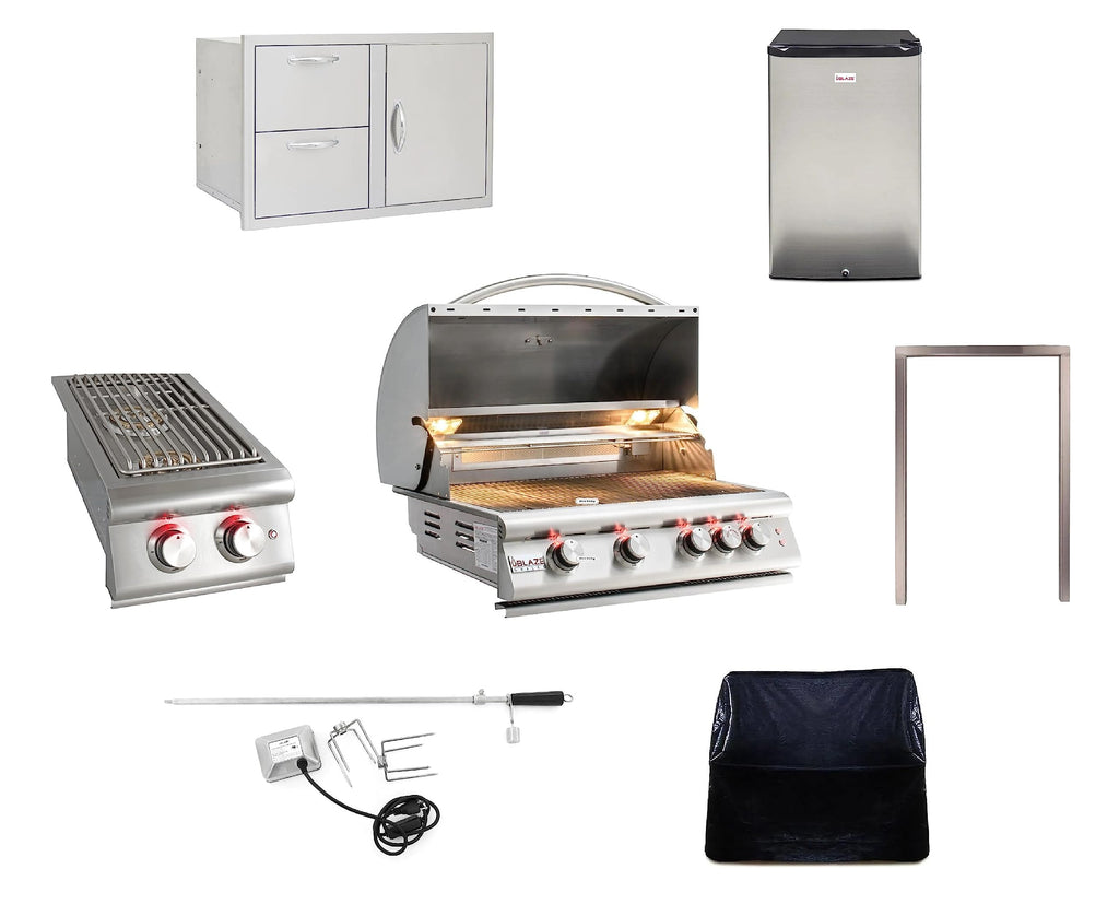 32” Built-in Gas Grill, Double Side Burner, Door & Two Drawers Combo, 20” Refrigerator R3984