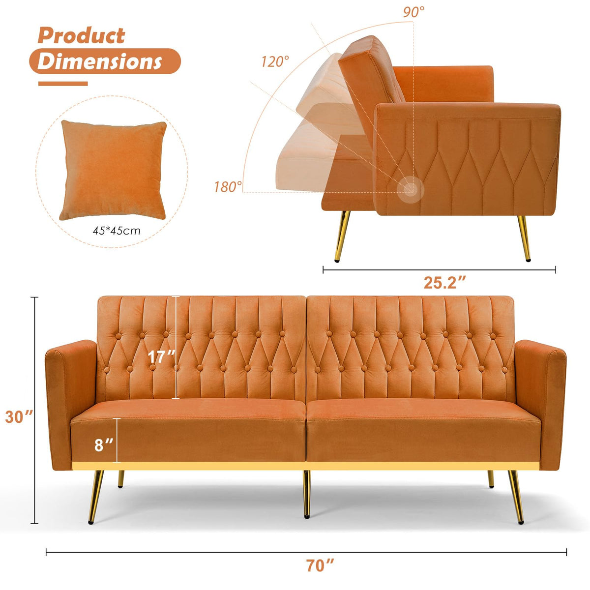 70" Velvet Futon with Adjustable Backrest and Armrests V6984