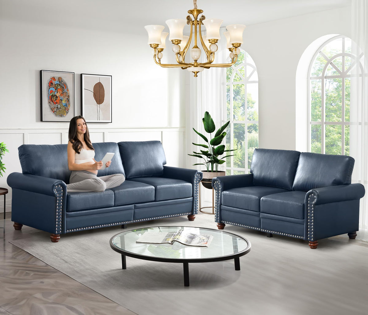 Navy Blue PU Leather Storage Loveseat Sofa Z42844