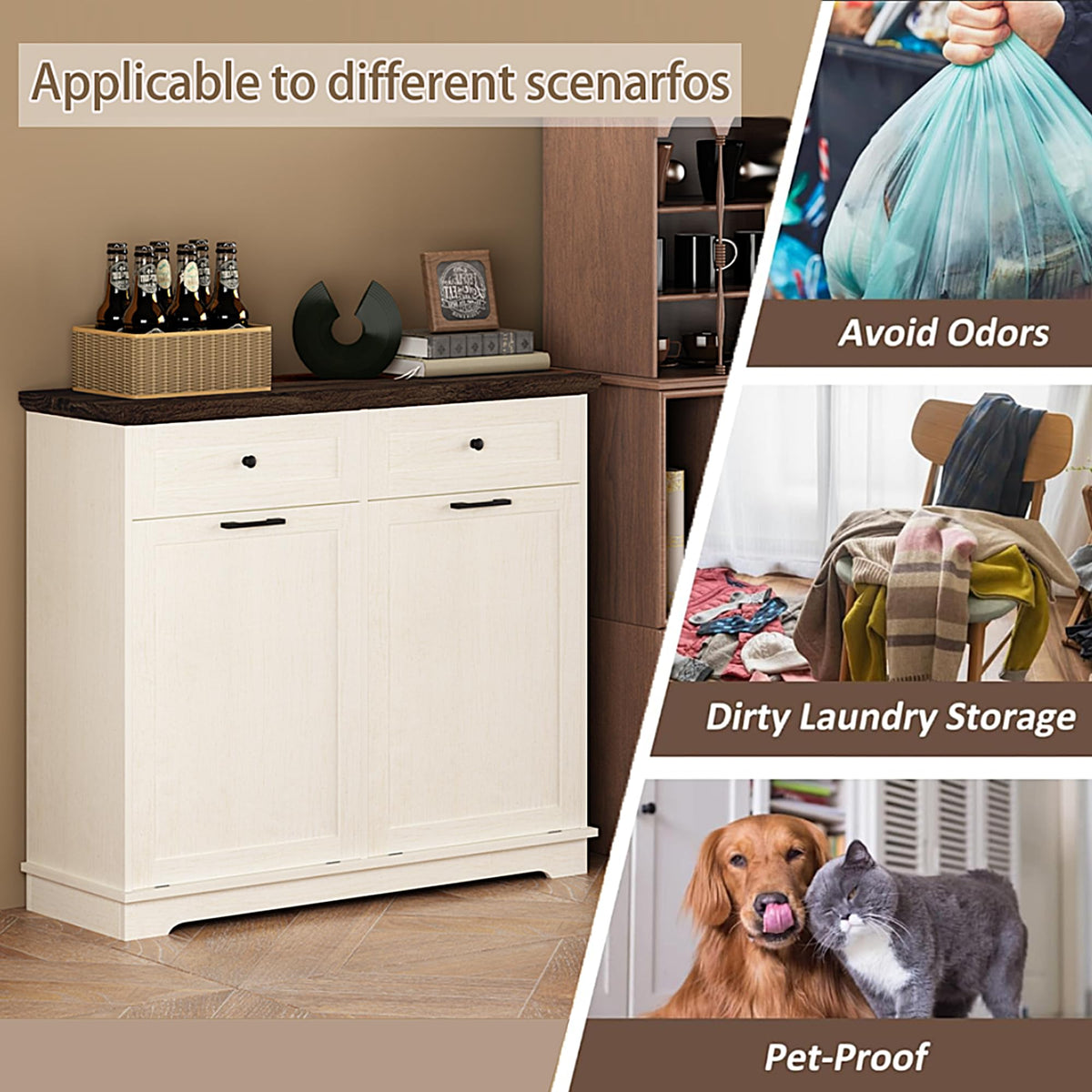 20 Gallon Wooden Tilt Out Trash Can Cabinet with Drawers P160