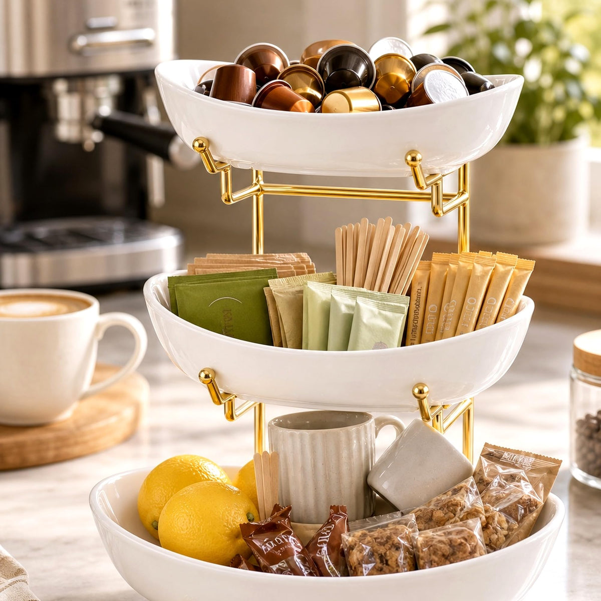 3 Tier Ceramic Fruit Basket with Gold Stand D34315