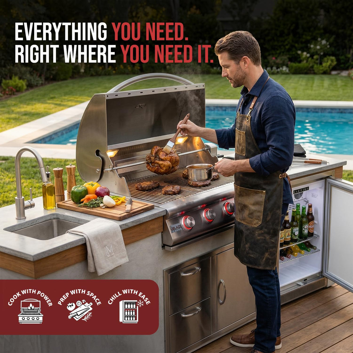 32” Built-in Gas Grill, Double Side Burner, Door & Two Drawers Combo, 20” Refrigerator R3984