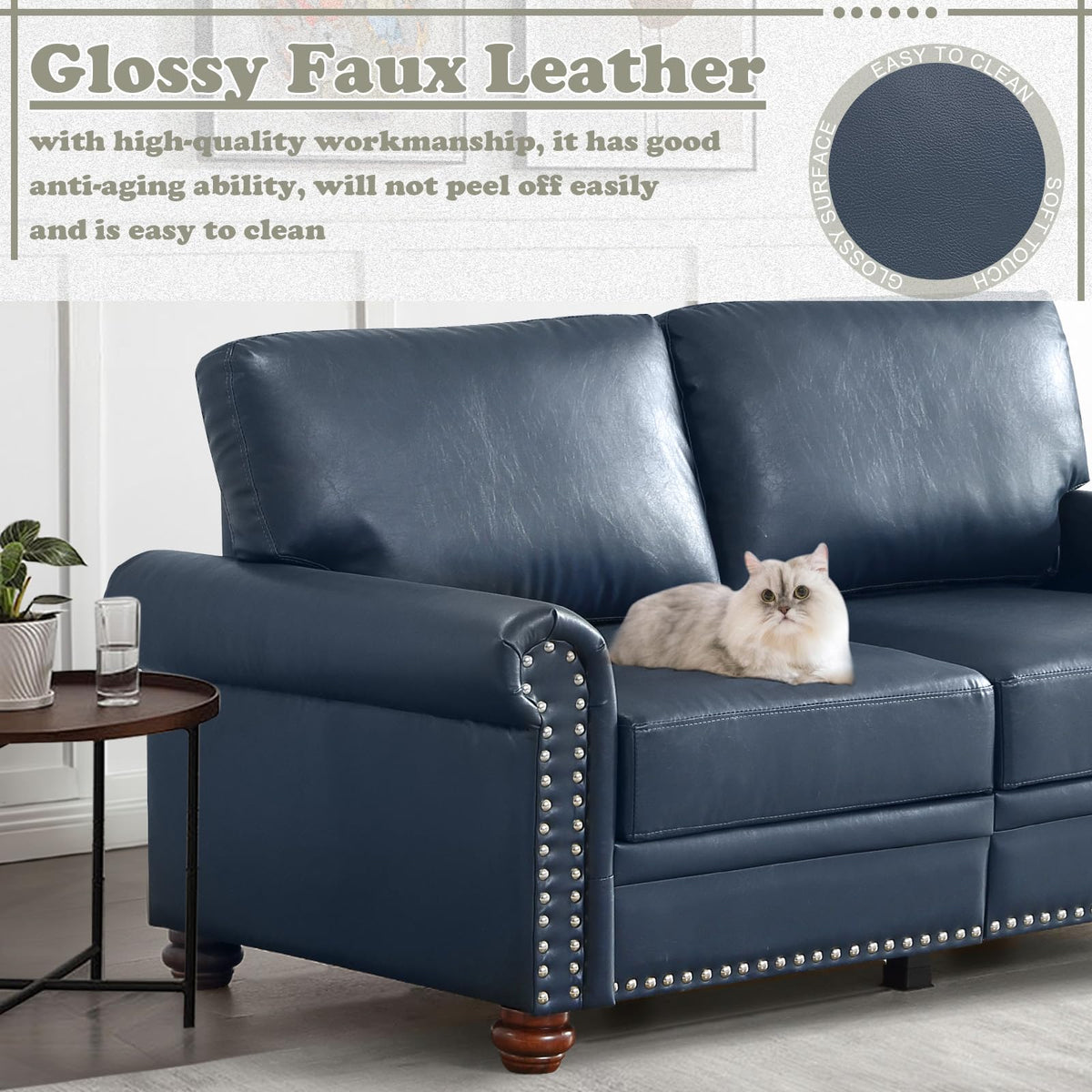 Navy Blue PU Leather Storage Loveseat Sofa Z42844