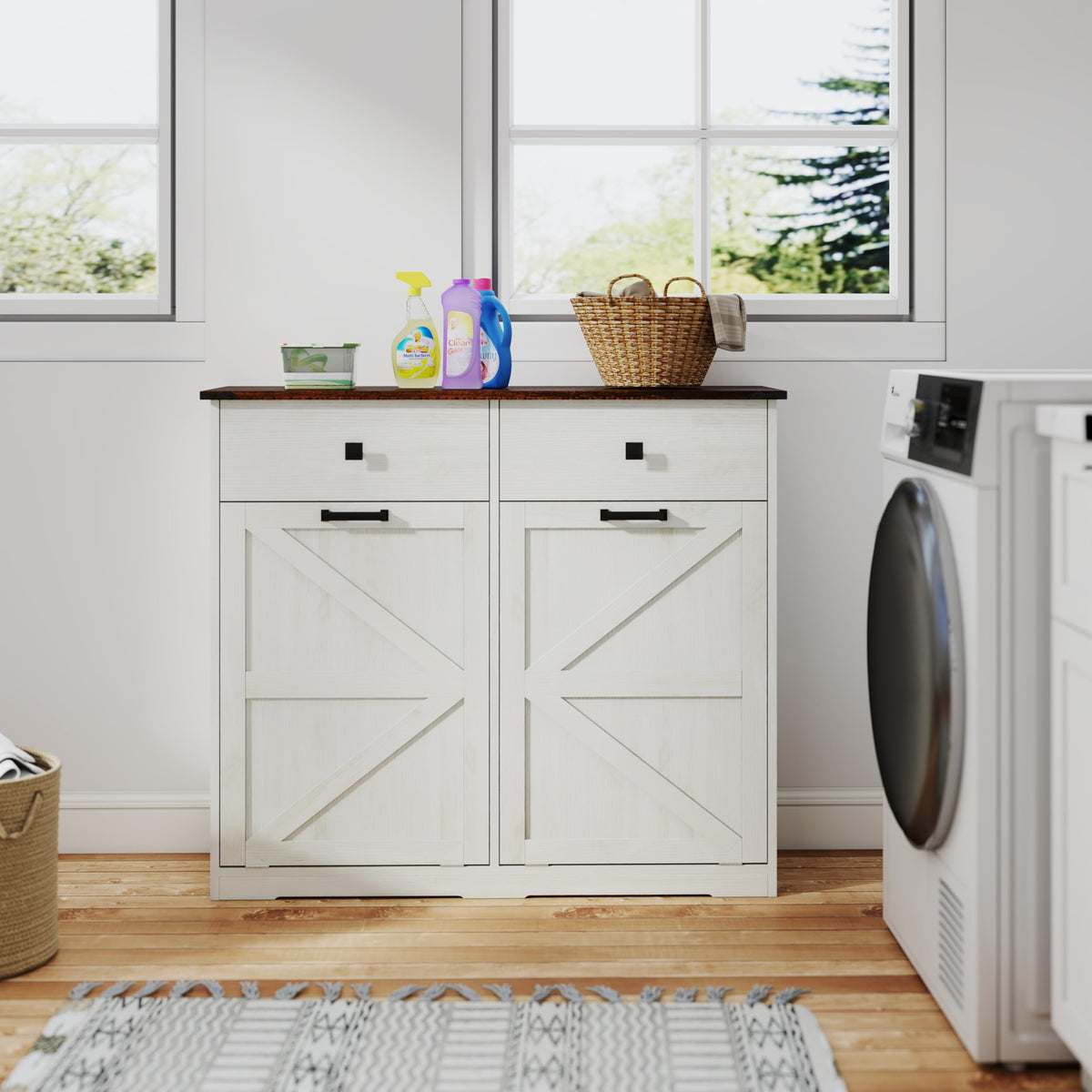 20 Gallon Double Tilt Out Laundry Hamper Cabinet with Drawers U761