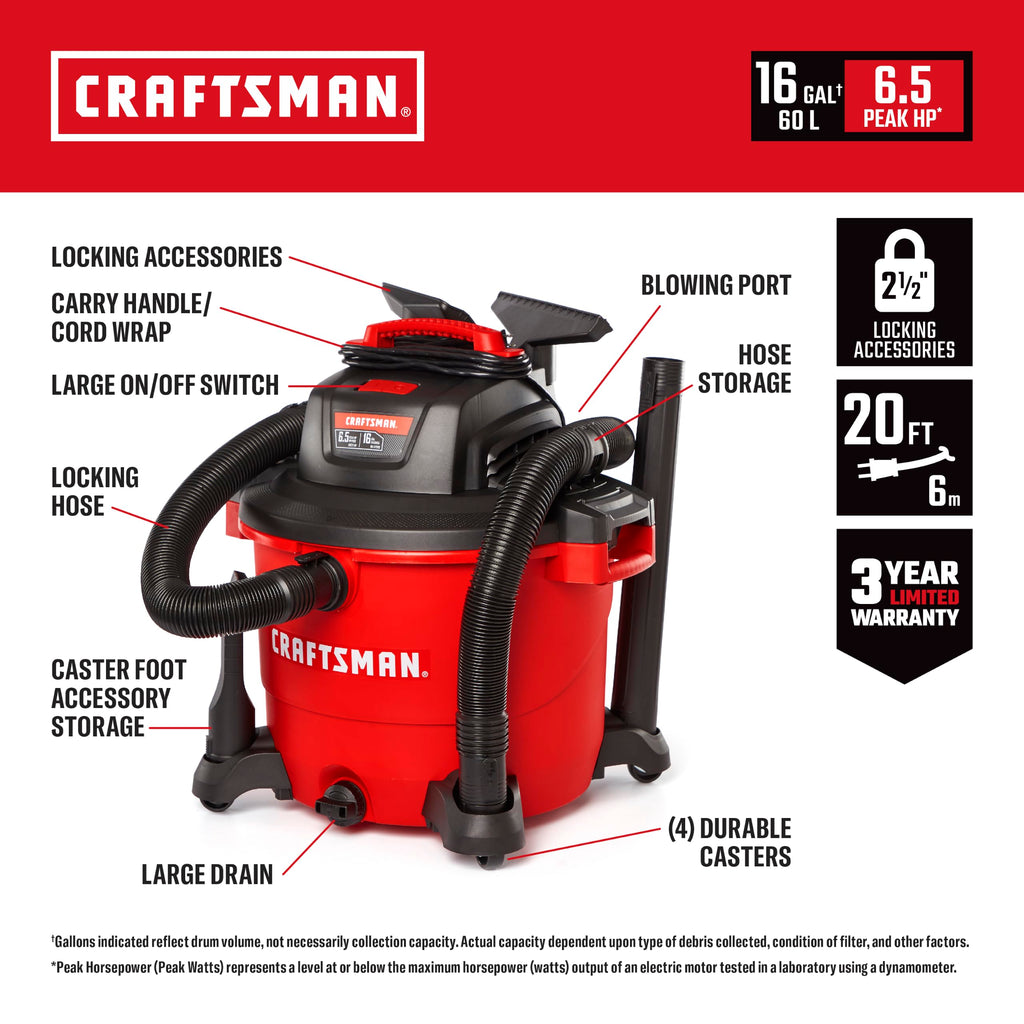 16 Gallon 6.5 Peak HP Wet Dry Shop Vacuum D822971
